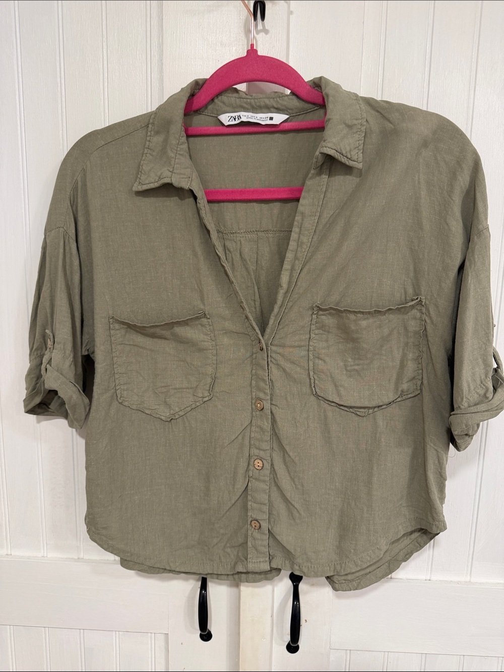 Zara Olive Green Button-Down Linen-Blend Shirt roomy size S